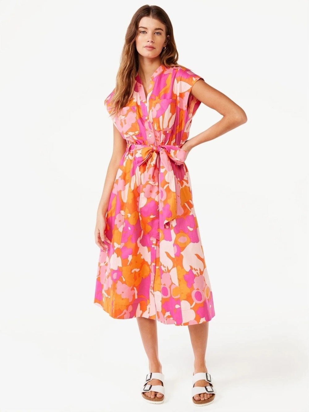 Free Assembly Dress Floral Pink Orange Belted Button Down Short Sleeves Midi M